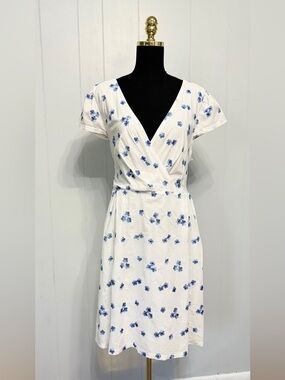 #15)  DKNY White Wrap Midi Dress with Blue Floral embroidered